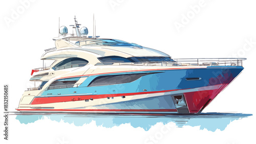 Luxury White Yacht Painted in Blue and Red Vector Illustration