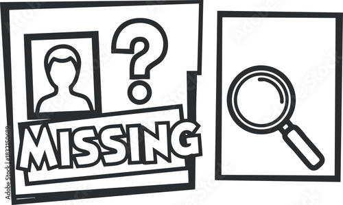 A missing person poster illustration featuring a silhouette, question mark, and magnifying glass in black and white outline vector style, ideal for community awareness campaigns