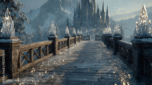 Winter magic unfolds on a crystal-laden bridge leading to an enchanting castle in a snow-covered fantasy landscape at dusk