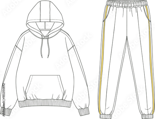 Oversized Hoodie and Striped Track Pants Fashion Flat Sketch Vector Set: Modern Athleisure Streetwear Apparel Design Template.