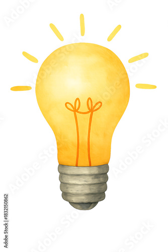 Radiant yellow illuminated lightbulb with unique hand-drawn texture, representing creativity, insight, and smart solution