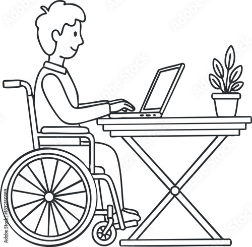 A person in a wheelchair using a laptop at a desk with a plant in minimalist line art vector style, suitable for accessibility awareness and inclusivity themes