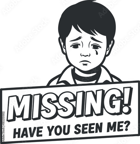 A missing child poster featuring a sad boy's face in a bold black and white vector style, ideal for awareness campaigns