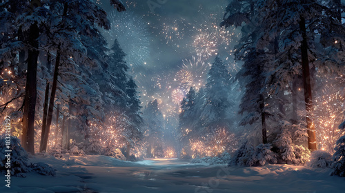 A mesmerizing winter wonderland adorned with twinkling lights and breathtaking fireworks illuminating the night sky