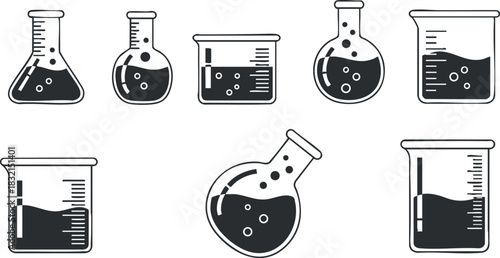 A collection of various laboratory glassware including beakers, flasks, and test tubes in black and white outline vector style, ideal for educational and scientific designs