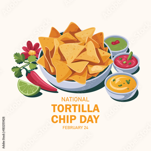 National Tortilla Chip Day vector. Chips and dips vector. Bowl of corn chips and garnish icon vector. Nachos tortilla chips and salsa sauce illustration. February 24. Important day
