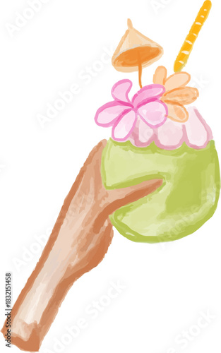 Hand-Drawn Watercolor Hand Holding Coconut Cocktail Umbrella