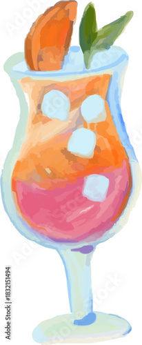 Hand-Drawn Watercolor Exotic Pink and Orange Mai Tai Cocktail