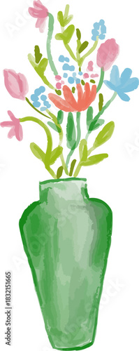 Hand-Drawn Watercolor Green Glass Vase with Flowers