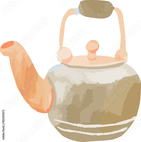 Hand-Drawn Watercolor Vintage Khaki Green Tea Pot Kettle