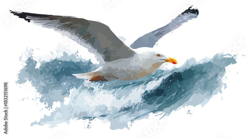 Seagull Flying Over Ocean Vector Painting