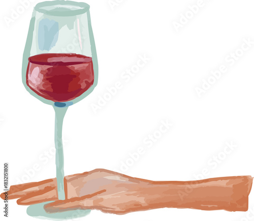 Watercolor Sketchy Hand Holding Glass of Red Wine