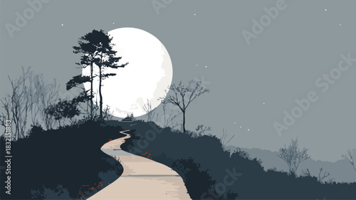 Enchanting Path in Moonlit Night: Vector Illustration with Full Moon in Background