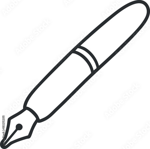 A sleek fountain pen with a fine tip in black outline minimalist vector style, perfect for stationery and writing projects