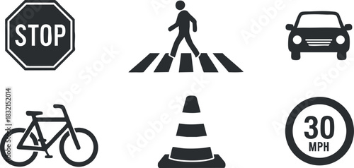 A collection of traffic signs including stop, pedestrian, bicycle, car, and speed limit symbols in black and white vector style, suitable for transportation design and urban planning