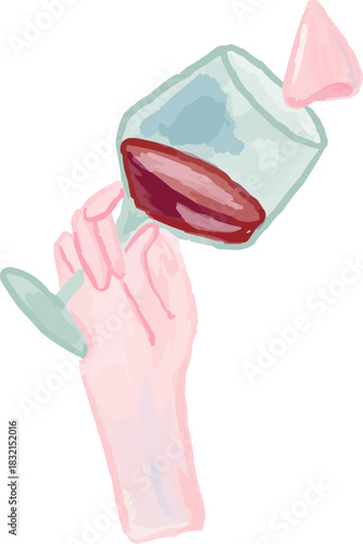 Watercolor Hand Holding Red Wine Glass Smelling Aroma