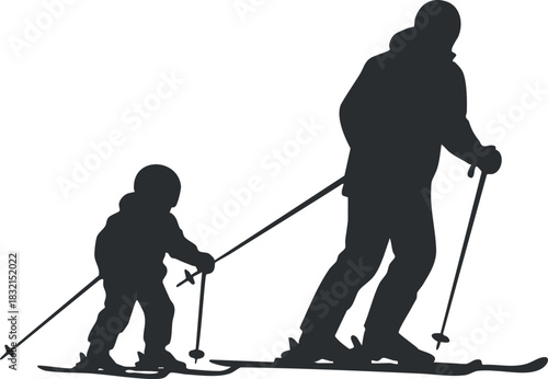 A silhouette of a parent and child skiing together in a minimalist black vector style, ideal for winter sports and family activity themes