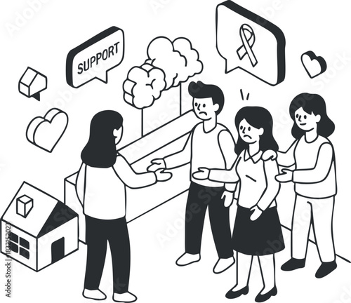 A group of people providing support and encouragement in a minimalist black and white vector style, ideal for mental health awareness and community outreach
