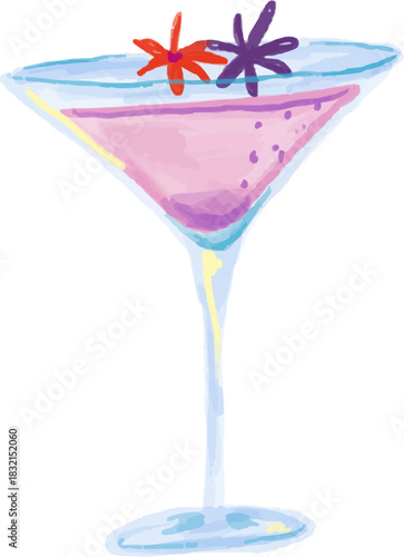Watercolor Sketchy Pink Cosmopolitan Cocktail with Flower Garnish
