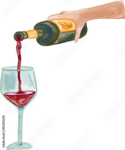 Watercolor Hand Holding Red Wine Bottle Pouring into Glass