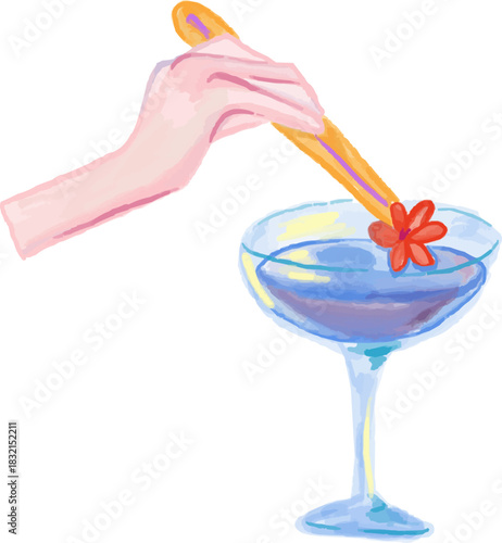 Watercolor Bartender Hand Tongs Placing Flower Blue Cocktail