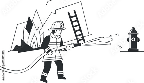 A firefighter using a hose to extinguish flames in black and white outline vector style, ideal for emergency services graphics