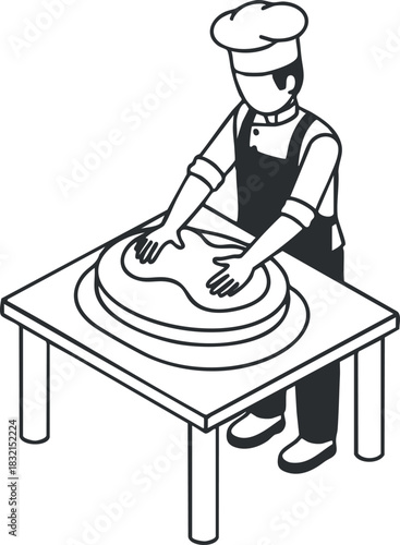 A baker kneading dough on a table in a flat black and white vector style, ideal for culinary illustrations and food-related projects