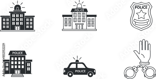 A collection of police-related icons including a police station, car, badge, and handcuffs in black and white outline style, suitable for law enforcement graphics and public safety themes