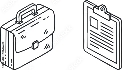 A briefcase and a clipboard in minimalist outline vector style, suitable for business and office design projects