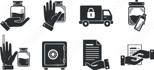 A collection of hand-drawn icons featuring bottles, a safe, a lock, and delivery elements in black and white vector style, suitable for security and logistics design.