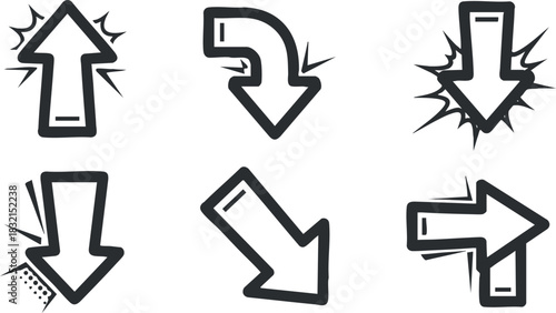 A collection of arrow icons in bold black outline vector style, suitable for navigation and graphic design projects