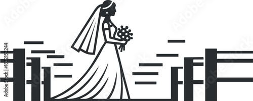 A bride in a wedding dress holding a bouquet in minimalist vector style, suitable for wedding invitations and event design