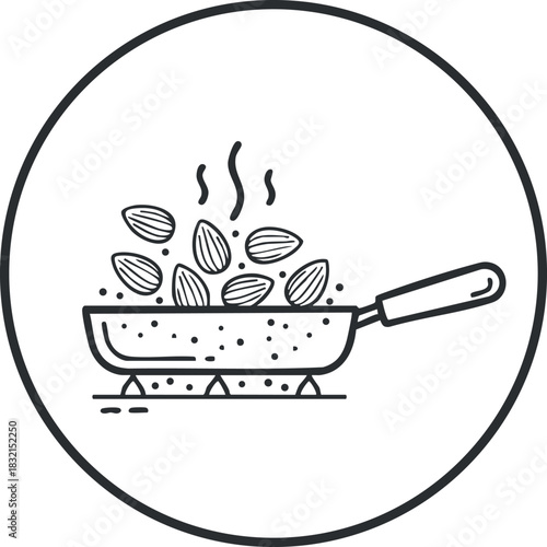 An illustration of a pan with almonds being roasted, in a black and white minimalist vector style, ideal for culinary design projects