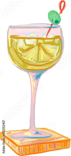 Hand-Drawn Watercolor Classic Lemon Martini Cocktail with Olive