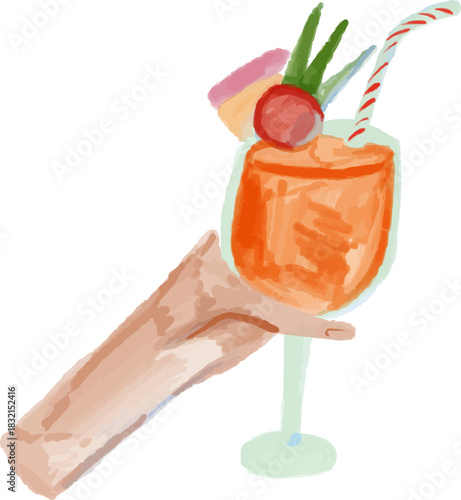 Hand-Drawn Watercolor Orange Cocktail with Fresh Strawberry