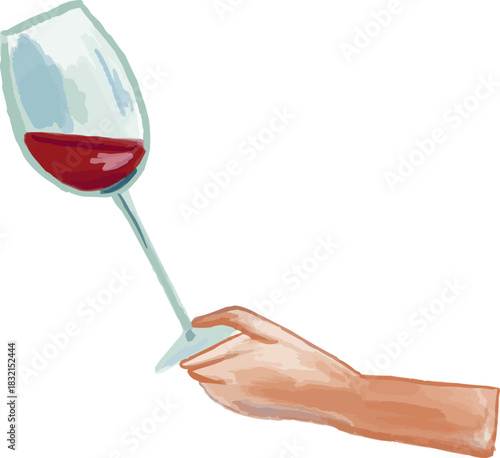 Watercolor Hand Holding Tilting Glass of Red Wine