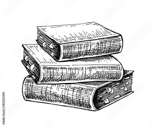 Stack of books with bookmarks hand drawn vector illustration in vintage engraved sketch outline style. Old ancient folio. Textbooks in pile. Education concept. Hand drawn sketch vector drawing