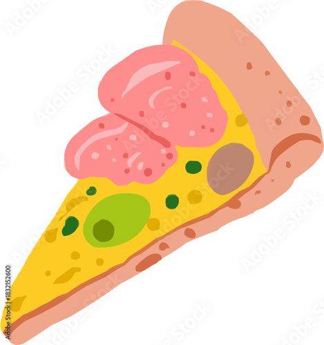 Hand-Drawn Watercolor Pizza Slice with Ham Meat Topping