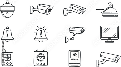 A collection of security camera and alert icons in clean outline vector style, suitable for technology and safety applications