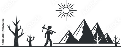 A hiker climbing mountains with a pickaxe in black and white minimalist vector style, suitable for outdoor adventure themes