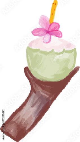 Hand-Drawn Watercolor Hand Holding Coconut Cocktail Flower