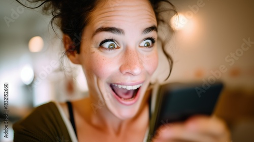 Jeune femme souriante et surprise tenant un téléphone portable