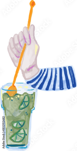 Hand-Drawn Watercolor Bartender Hand Stirring Mojito Cocktail