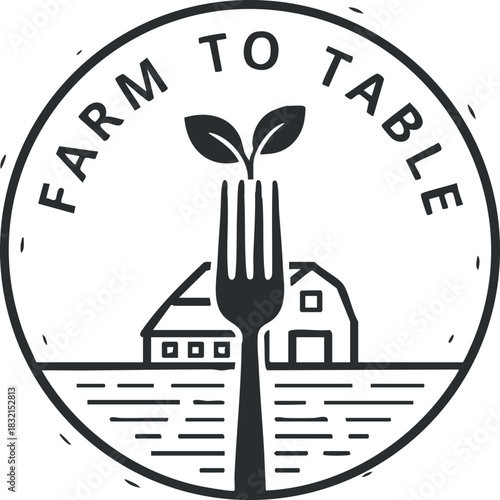 A farm to table logo featuring a fork growing a plant in minimalist black and white vector style, suitable for eco-friendly branding