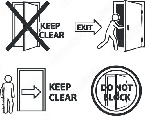 A set of safety icons indicating door usage with instructions in minimalist black and white vector style, suitable for public signage and safety guidelines