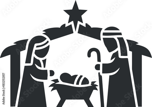 A nativity scene featuring Mary and Joseph with baby Jesus in a black and white silhouette vector style, ideal for Christmas decorations