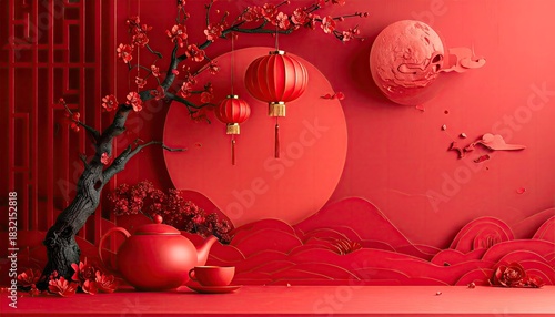 Vibrant Red Lunar New Year Celebration Scene with Cherry Blossoms Tea Set and Lanterns Against a Dramatic Backdrop