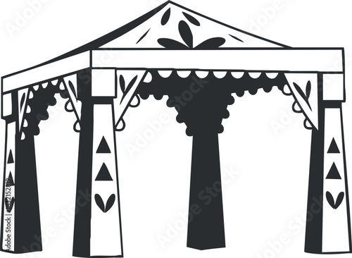 A decorative outdoor tent with intricate designs in black and white minimalist vector style, ideal for event planning and celebrations