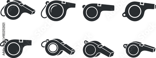 A set of black and white whistle icons in minimalist vector style, suitable for sports and coaching applications