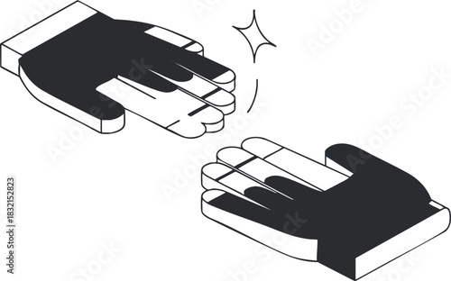A pair of hands performing a clapping gesture in minimalist black and white vector style, ideal for communication and teamwork themes